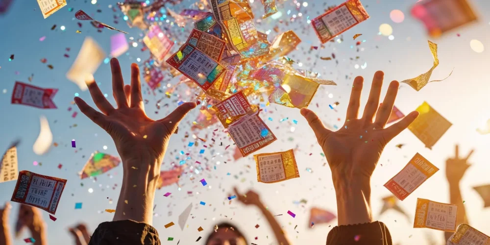 Hands reaching for confetti and tickets during celebration Hands reaching for confetti and tickets during celebration